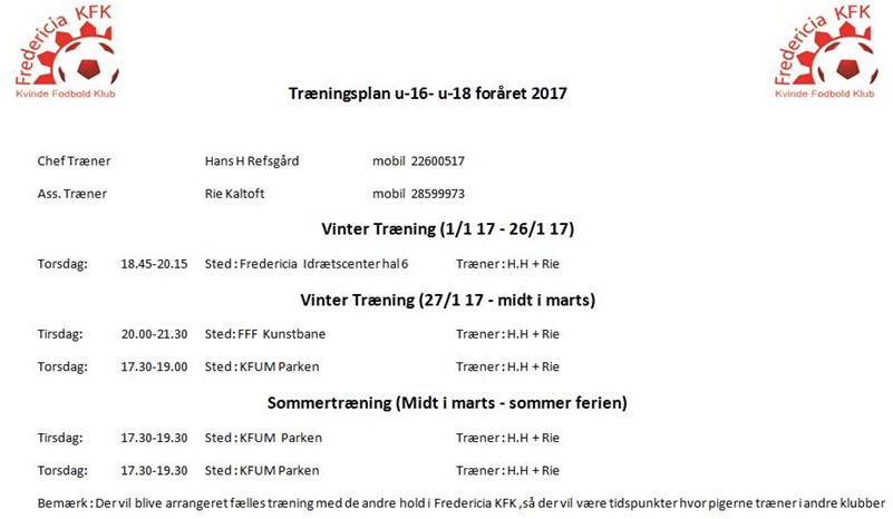 FredericiaKFK-Træningstider-forår-2017-U16ogU18